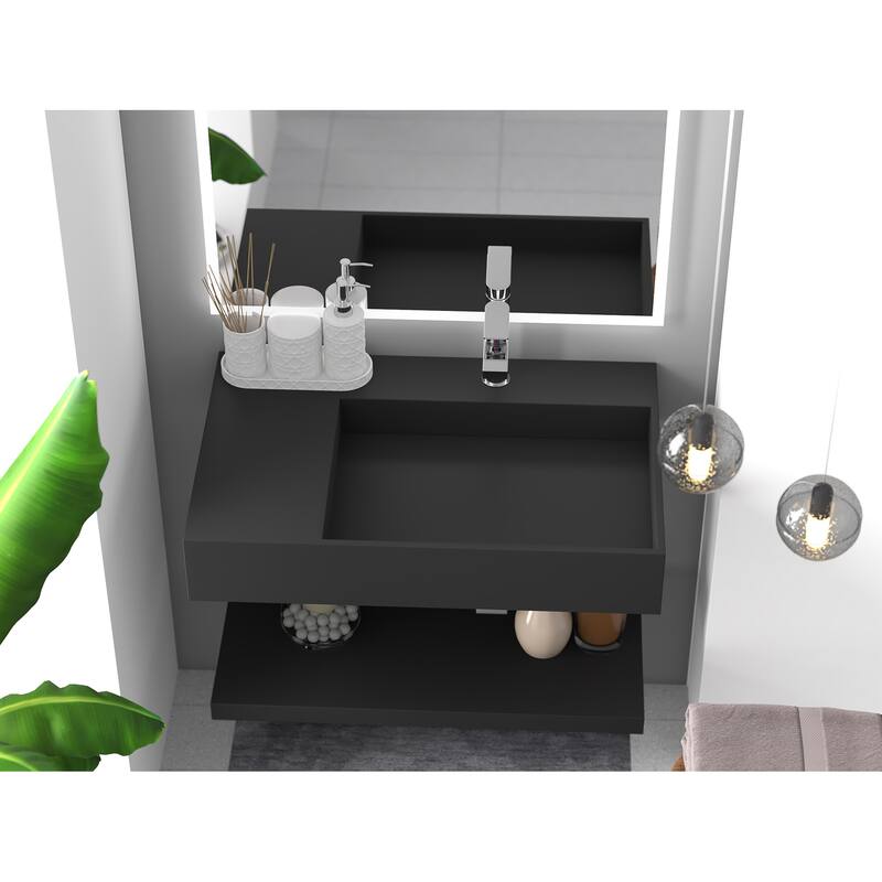 Juniper Stone Solid Surface Wall-mounted Vessel Sink - 30" Right Basin - Black