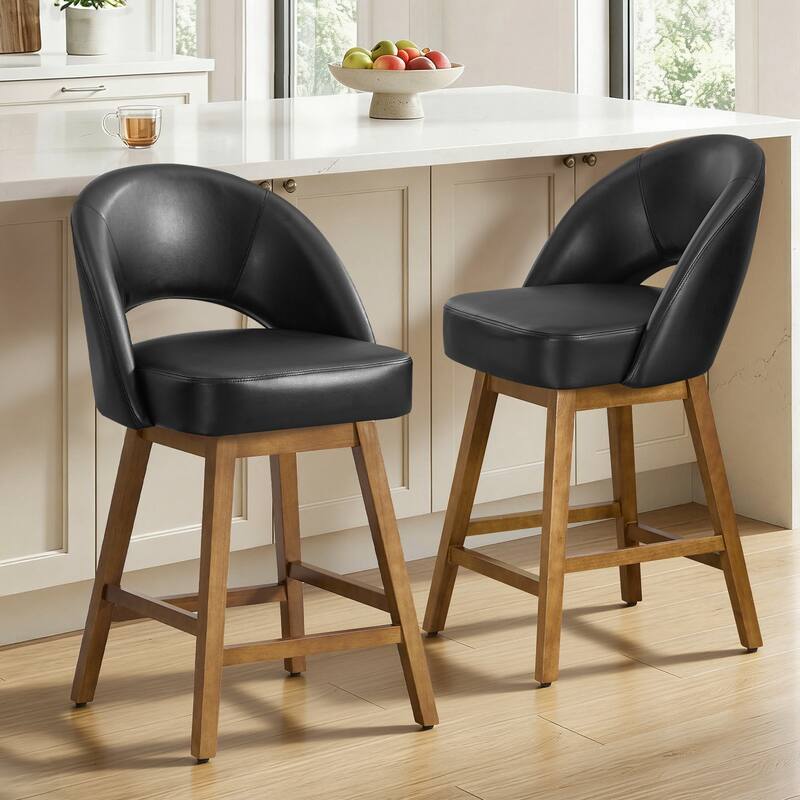 Upholstered Swivel Counter Height Bar Stools with Cutout Back and Solid Wood Frame - 38.2"H x 22.1"W x 23.6"D