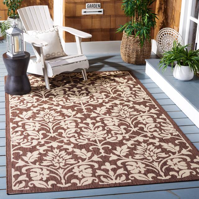 SAFAVIEH Courtyard Bettylou Indoor/ Outdoor Damask Area Rug - 2'7" x 5' - Chocolate/Natural