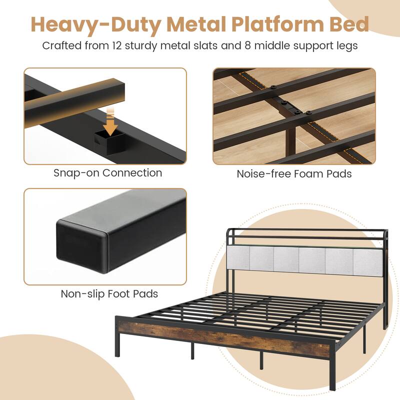 Bed Frame with LED Lights Charging Ports and Storage Headboard