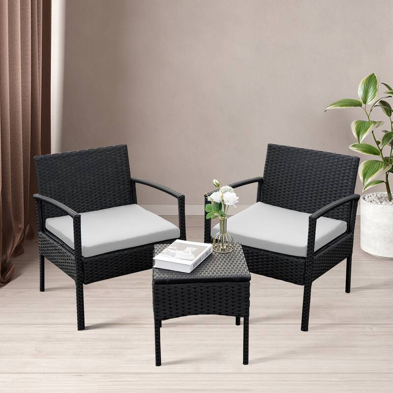 3 PCS Outdoor Patio Bistro, Rattan Conversation Chairs Set, Balcony Furniture Set - 28"H x 23.3"W x 23.3"D - Tan
