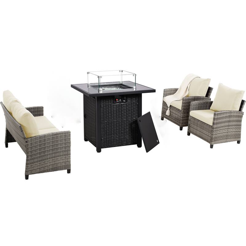 5-Piece Wicker Patio Conversation Set with Fire Pit - N/A
