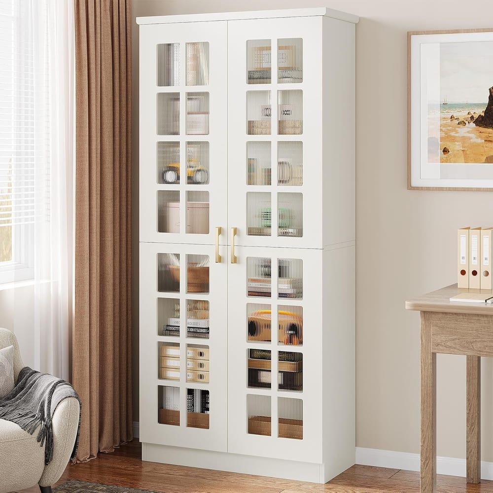 8 Tier Tall Modern Bookcase with Acrylic Doors, Adjustable Shelves