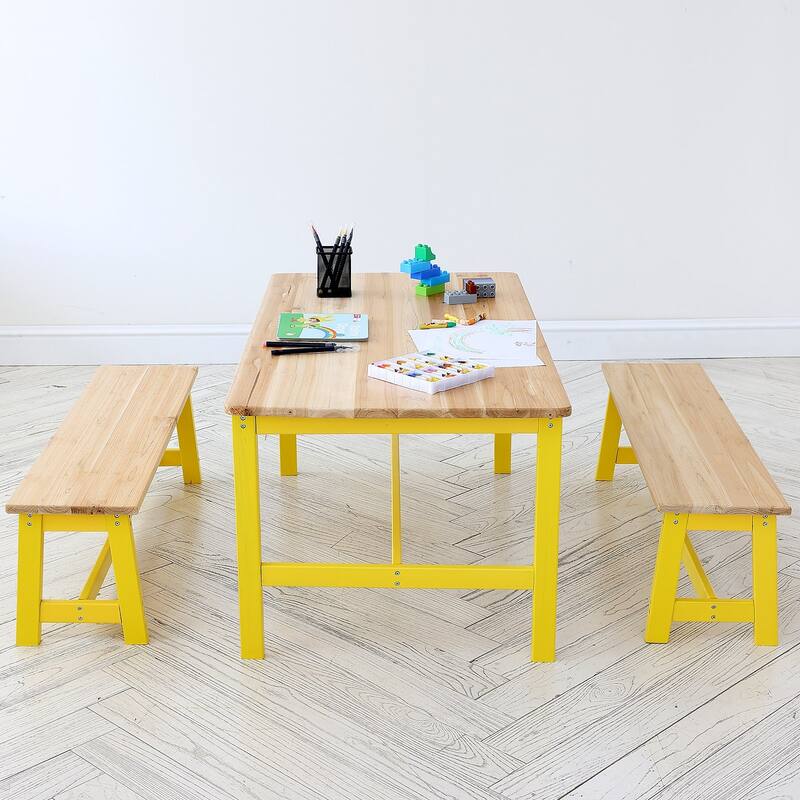 3 Pieces Rectangular Kids Wooden Activity Table and Bench Set Suitable Playroom Daycare or Tutoring Center
