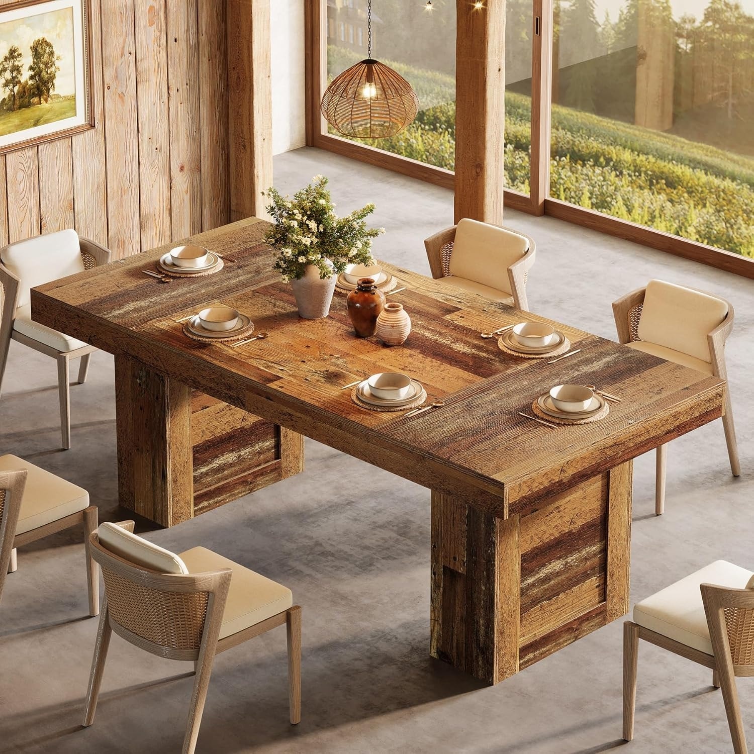 63'' Farmhouse Dining Table for 6, Rectangle Wooden Kitchen Table