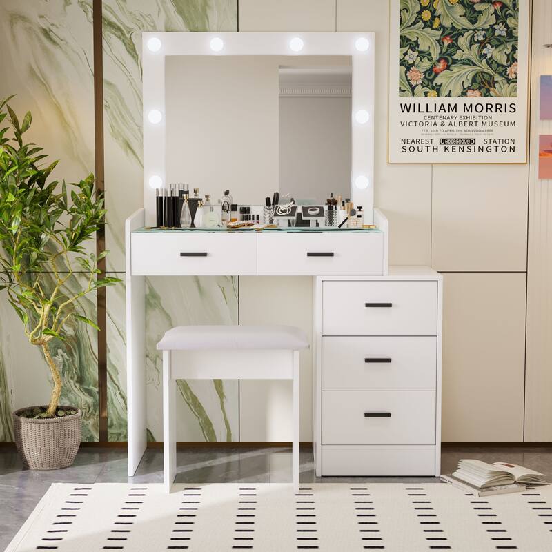 2-Piece Makeup Vanity Set with Stool & Large Mirror, 5 Drawers Dressing Table with 3 Lighting Modes Adjustable, Matte White