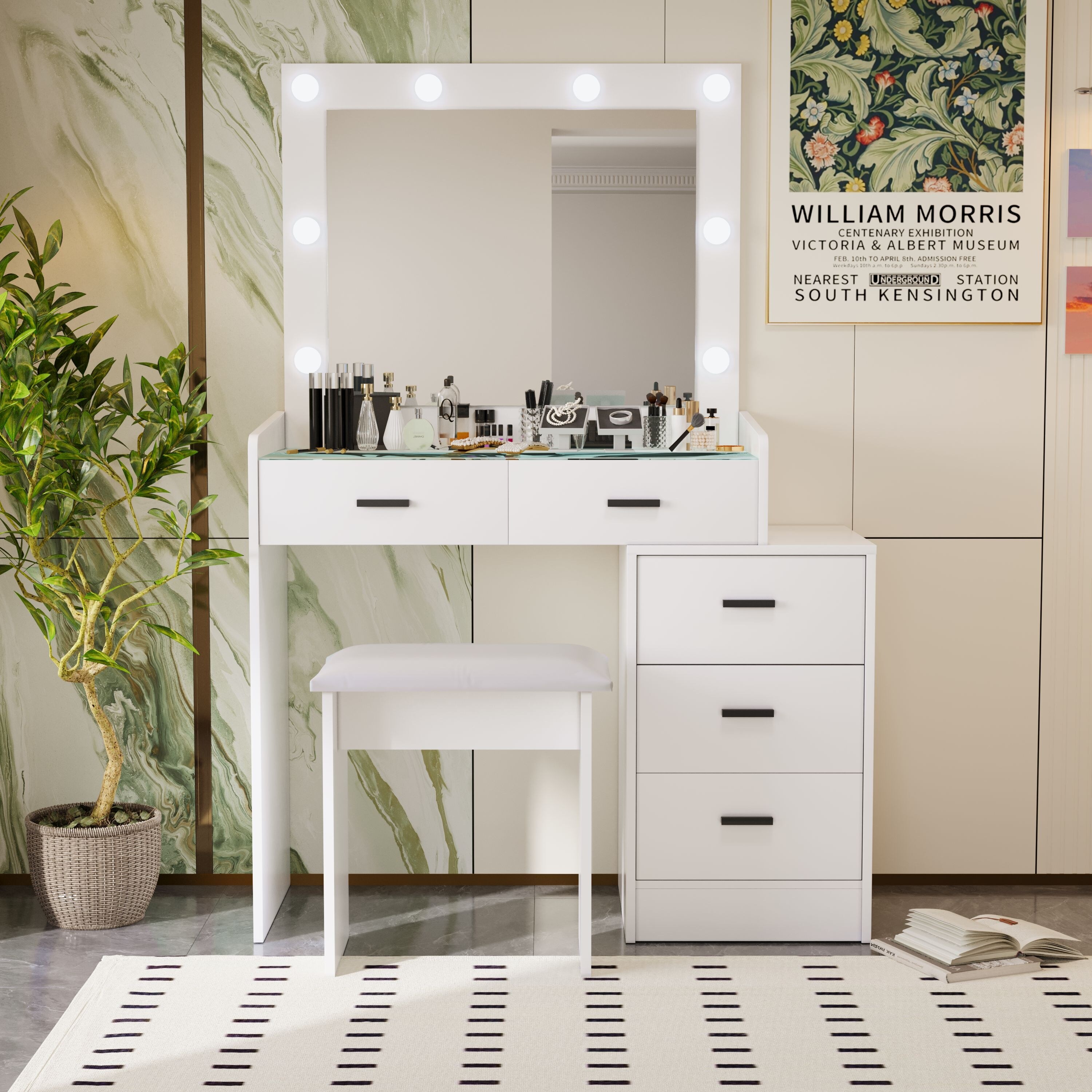White Adjustable Dressing Table with LED Lights 4 Drawers Sliding Mirror and Stool Makeup Vanity Set with Storage Bed Bath Beyond 42399491