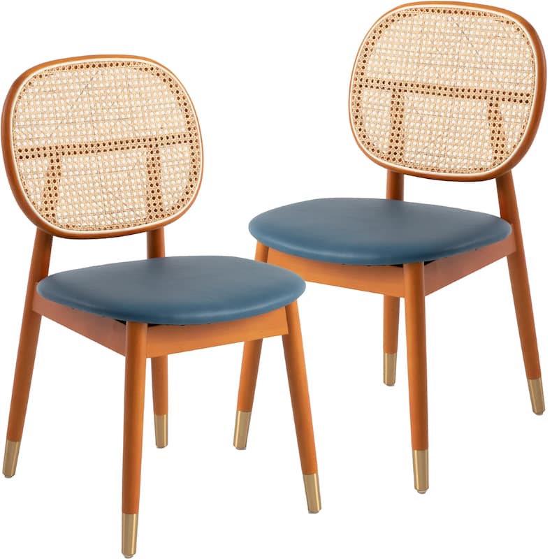 Holbeck Modern Rattan Leather Upholstered Dining Chair with Plush Padding Beech Wood Legs for Stylish Homes Set of 2 - Navy Blue