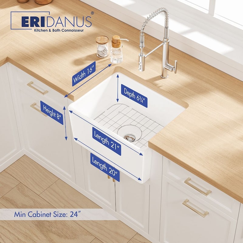 Eridanus Denbigh Farmhouse Apron 21" x 16" Crisp White Prep Sink