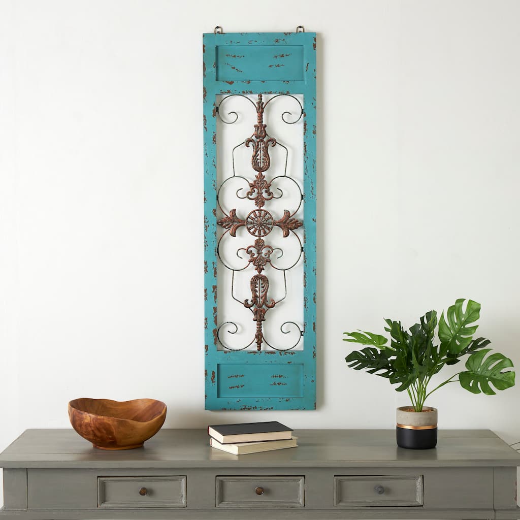 Teal Wood Arabesque Scroll Home Wall Decor with Metal Fleur De Lis Relief