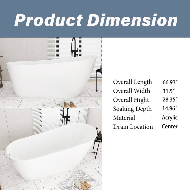 Acrylic Freestanding Flatbottom Soaking Bathtub in Glossy White