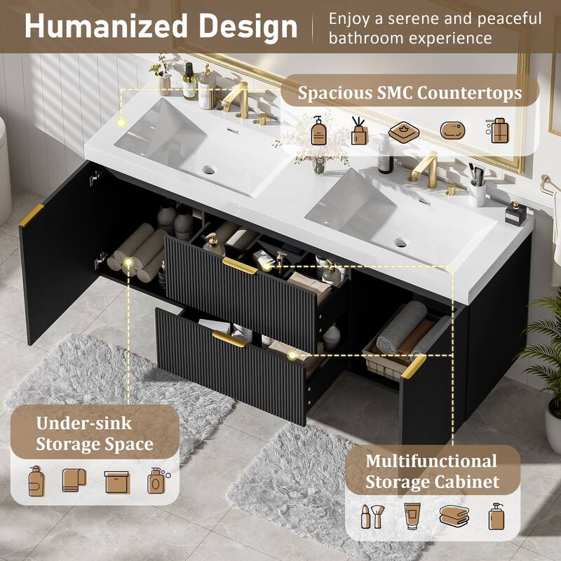 59.3" Double Sink Bathroom Vanity, Wall Mounted Cabinet with SMC Integrated Top, Soft-Close Storage Drawers