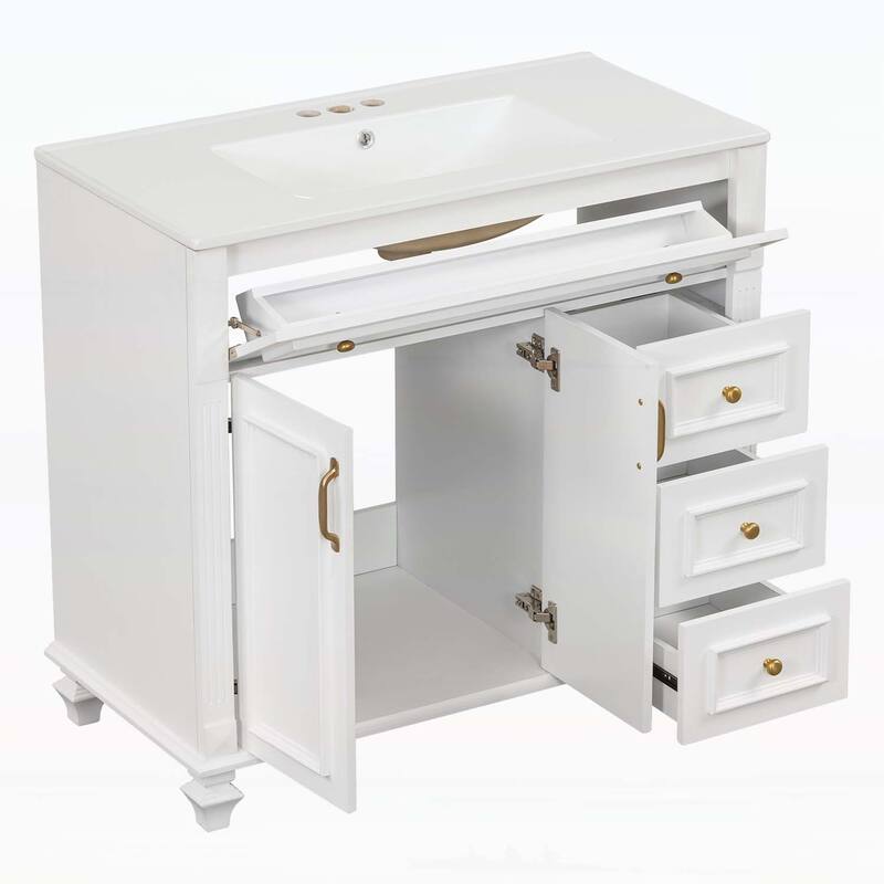 Freestanding Vanity Set with Flip-Out Drawer,3 Drawers,2 Soft-Close Doors