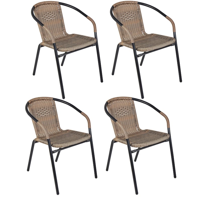 BTEXPERT Indoor Outdoor 4 - Set of Four Brown Restaurant Rattan Stack Chairs - Brown