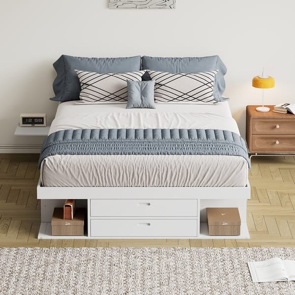 Storage Bed Wood Platform Bed w/ Drawers Storage Shelves