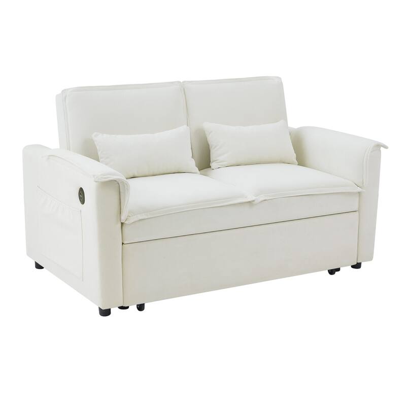 55" Fabric Sofa Bed with Sleeper, Adjustable Backrest & 2 Lumbar Pillows