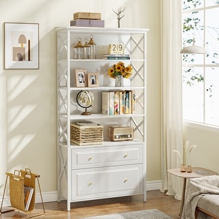 Tall Bookshelf with Open Sotage Shelves & 2 File Drawers