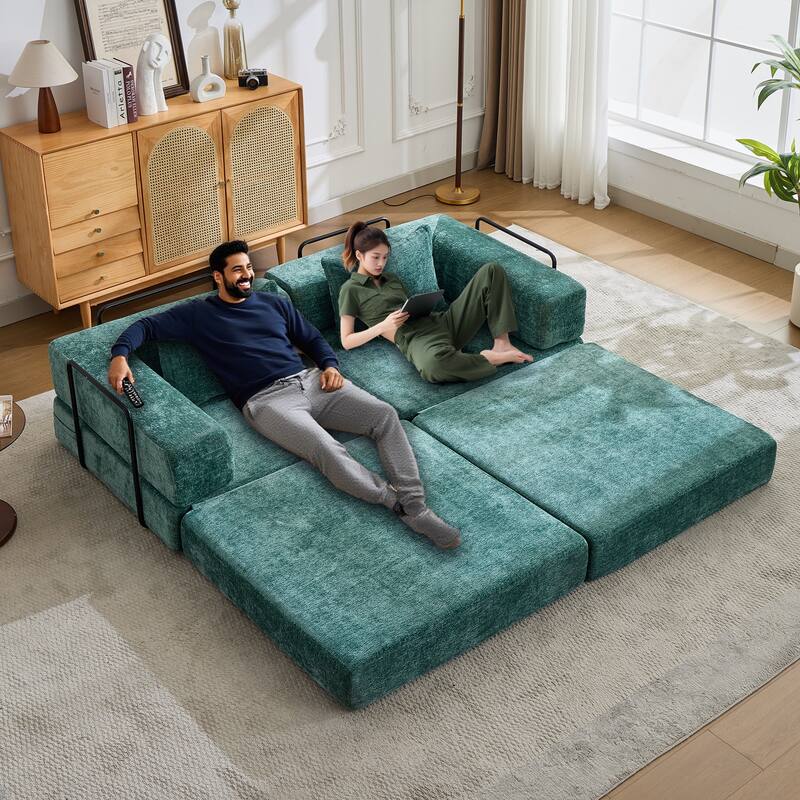 2-in-1 Foldable Sofa Bed Floor Sofa Couch with Armrests, Convertible Lounge Sofa for Living Room Bedroom
