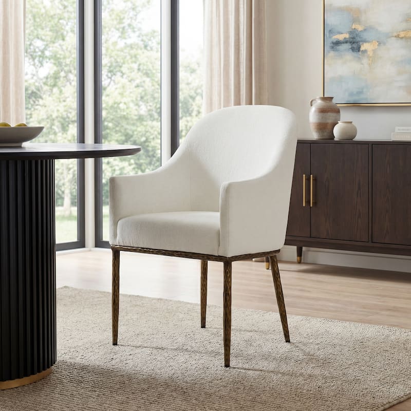 Christopher Knight Home - Ameson Artisan Upholstered Dining Chairs Set with Amrest, Hammered Metal Legs & Padded Seat - Forged Brass+Beige - 1-Piece