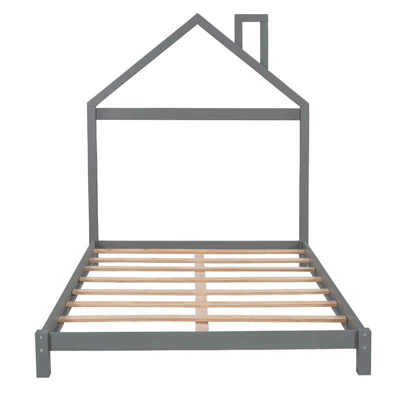 Grey Full Size Wood Platform Bed with House-shaped Headboard