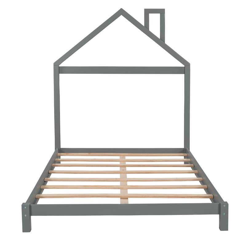 Wood Platform Bed with House-Shaped Headboard