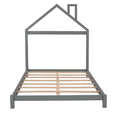 Wood Platform Bed with House-shaped Headboard