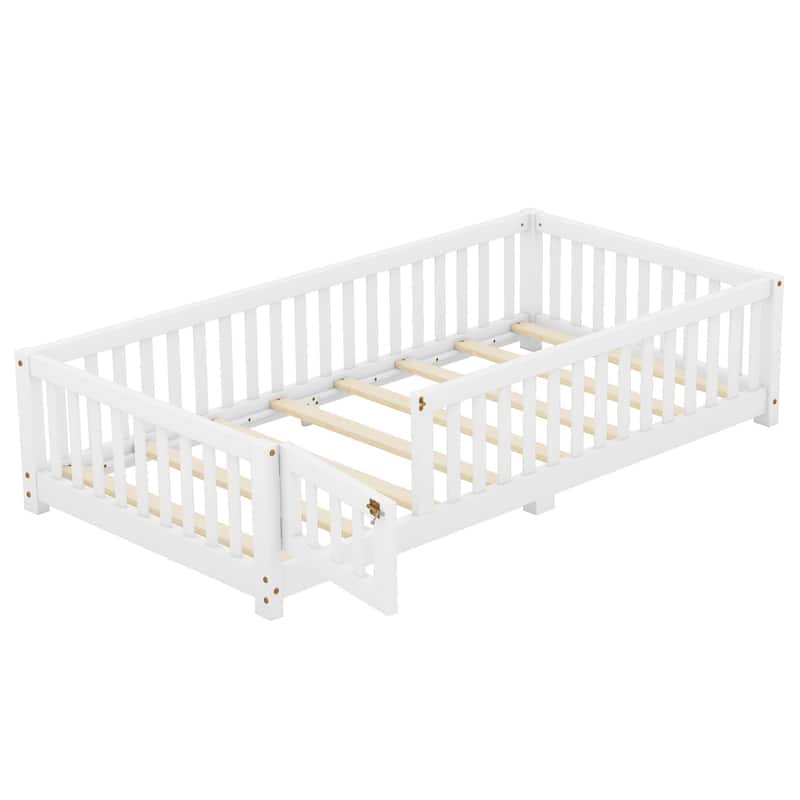 Twin Size Pine Wood Floor Bed with Safety Guardrails and Door for Kids, Boys, Girls, Bedroom