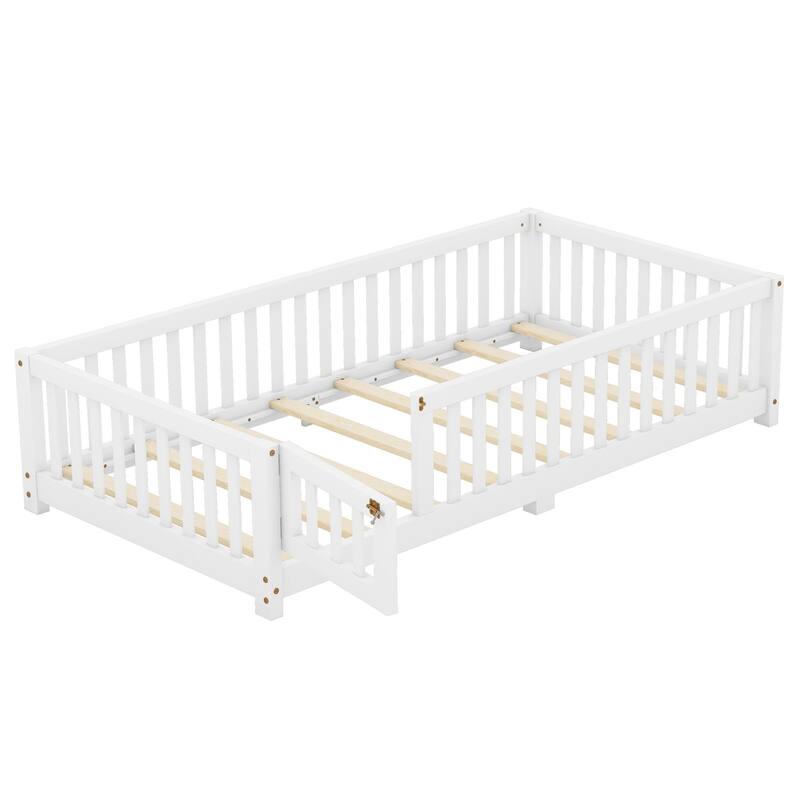 White Twin Size Pine Wood Floor Bed with Safety Guardrails and Door for Kids, Boys, Girls, Bedroom