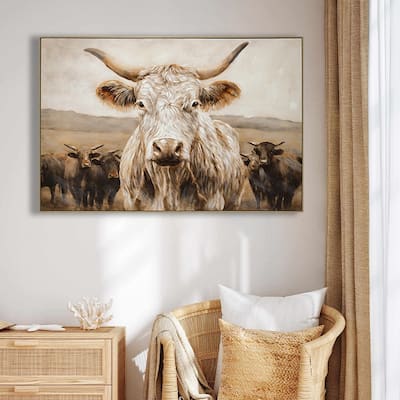 White Highland Cow Canvas Wall Art - Modern Minimalist Animal Art Print,Framed in Solid Wood, Nature Inspired Wall Decor