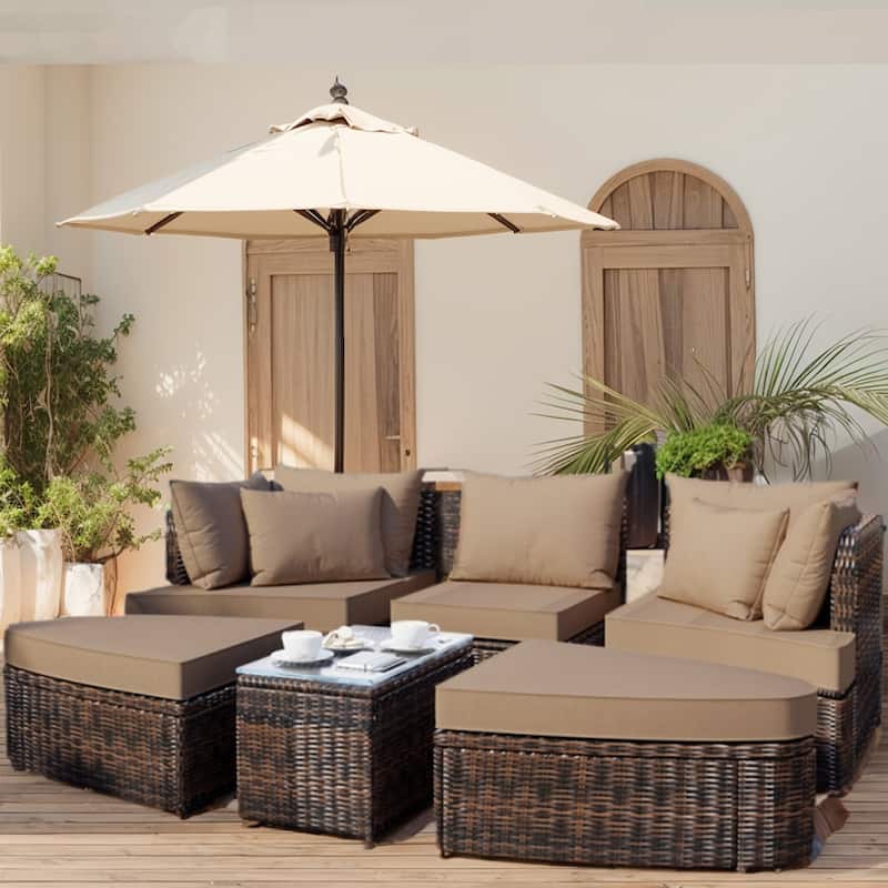 6-Piece Wicker Outdoor Sectional Conversation Set with Cushions - 2Corner Sofas&1Single Sofa&2Ottomans&1Table