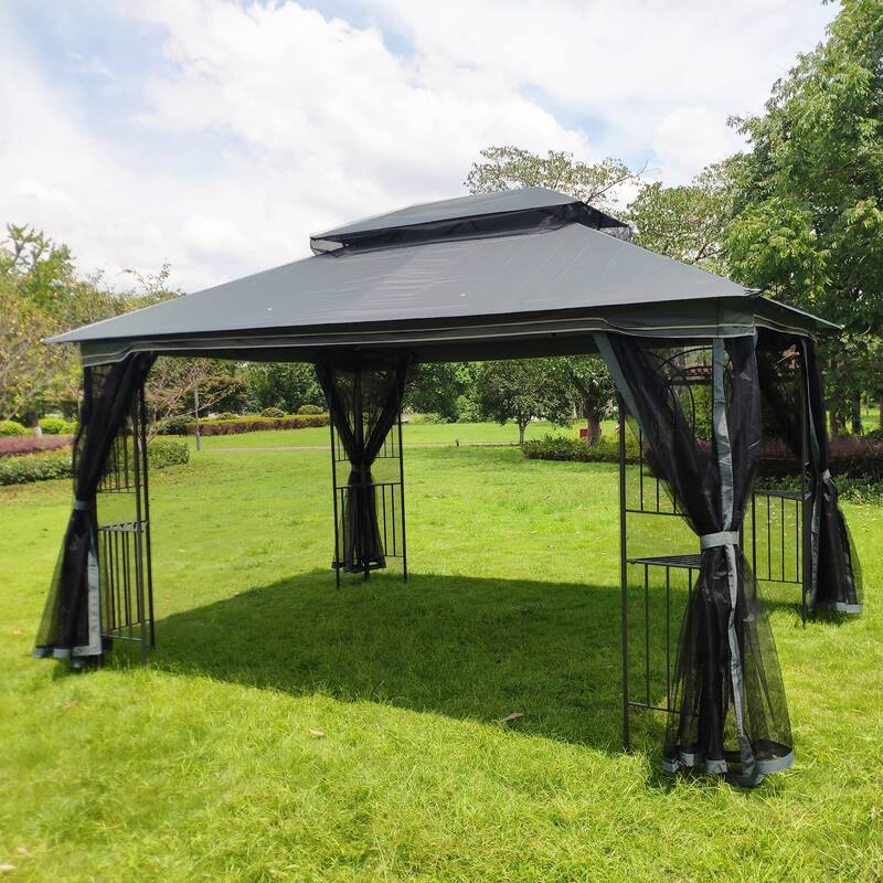 13x10 Outdoor Patio Gazebo Canopy Tent, Heavy Duty Gazebos with Ventilated Double Roof, Mosquito Netting & Privacy Screens