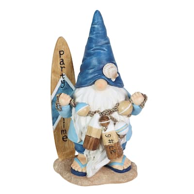 Exhart Solar Surfer Beach Hand Painted Garden Gnome Statue with Party Time Surf Board, 7.5 by 12.5 Inches
