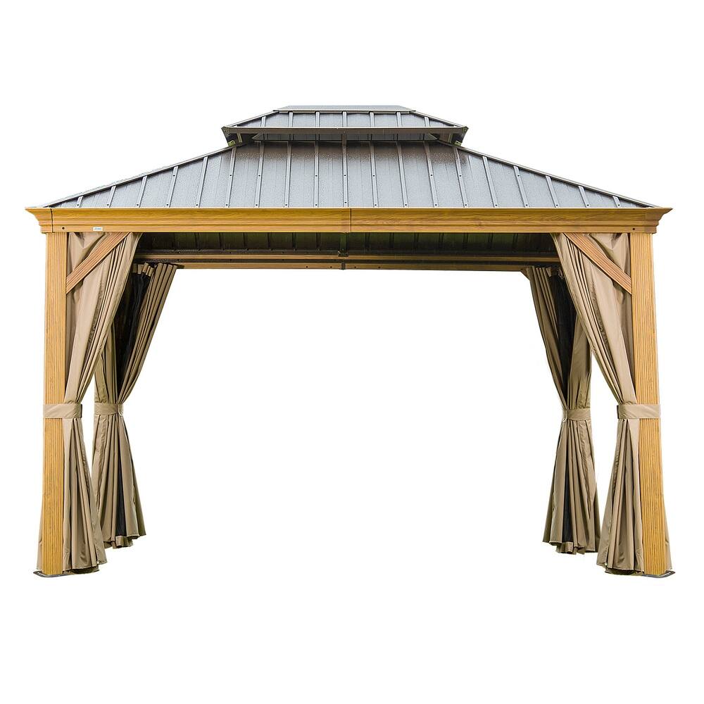 GDFStudio - Terry Outdoor Aluminum Hardtop Gazebo with Galvanized Steel Double Roof, Curtains & Netting