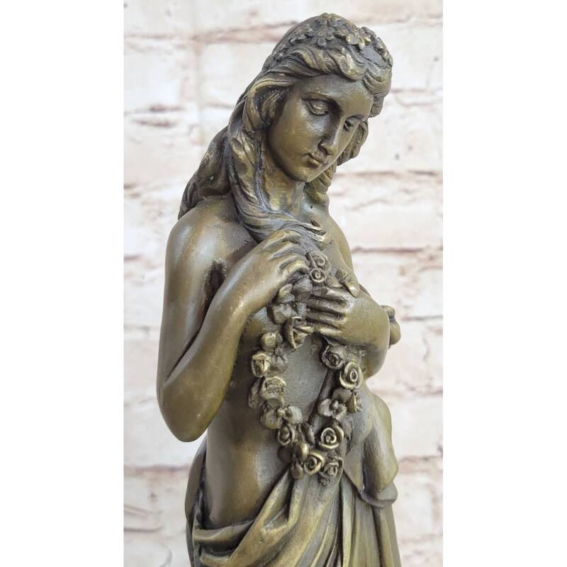 Young Girl Holding Floral Wreath Lei Bronze Statue Sculpture Figure 13 Inches X 4 Inches