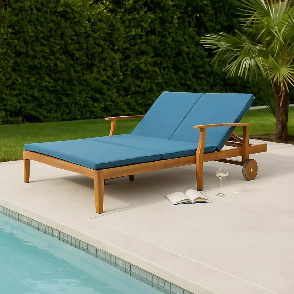 Hoye Double Chaise Lounger Recliner Bed, Outdoor, 79 Inch, Acacia Wood