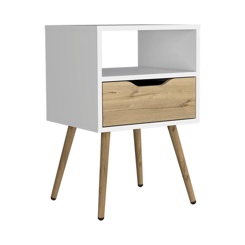 25inch White and Light Oak Nightstand with One Drawer and Open Shelf