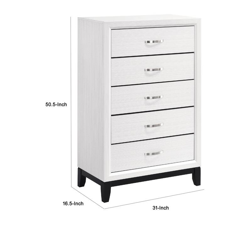Ameya Tall Dresser Chest, 5 Drawers w Chrome Handles, White and Black