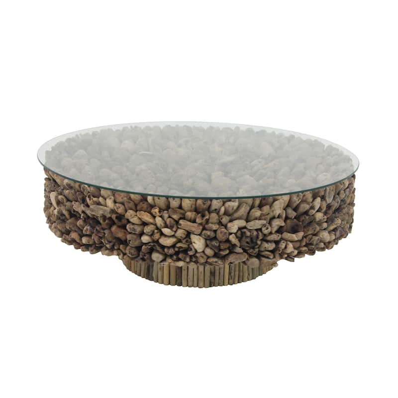 Driftwood Handmade Stacked Collage Coffee Table with Tempered Glass Top and Pedestal Base - Brown - Roche River Decor