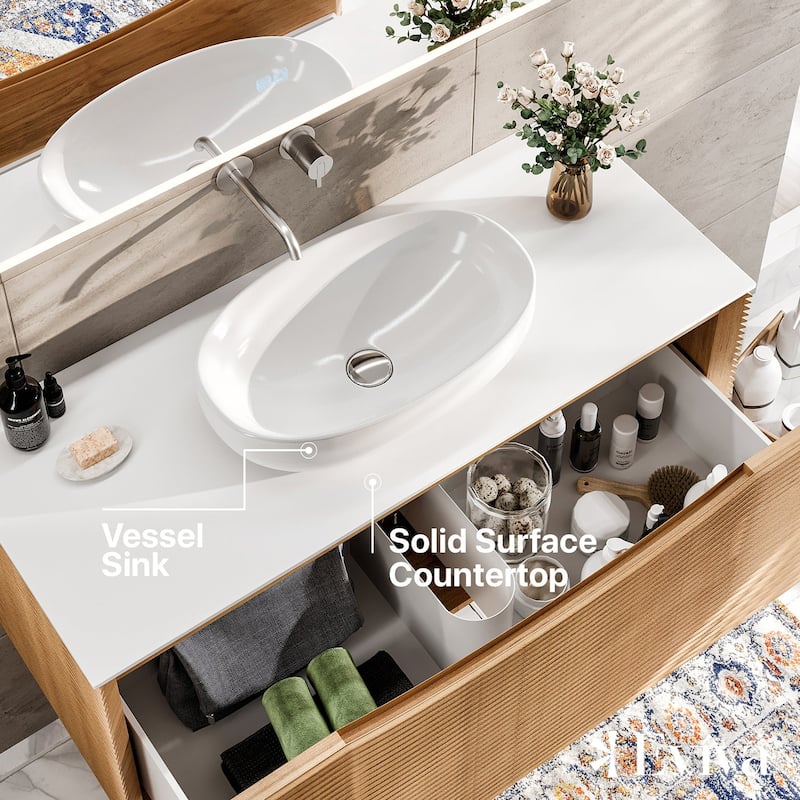Leah 32 in. Medium Oak Bath Vanity with Solid Surface Top & Vessel Sink