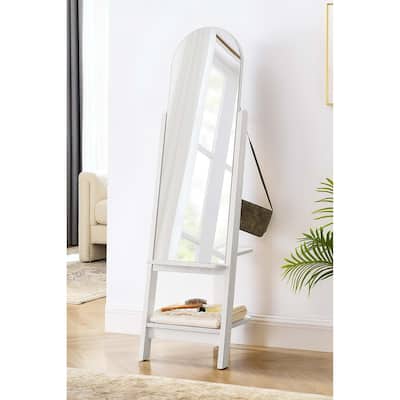 Lewis Modern White Wooden Standing Arched Mirror with Shelf and Hooks