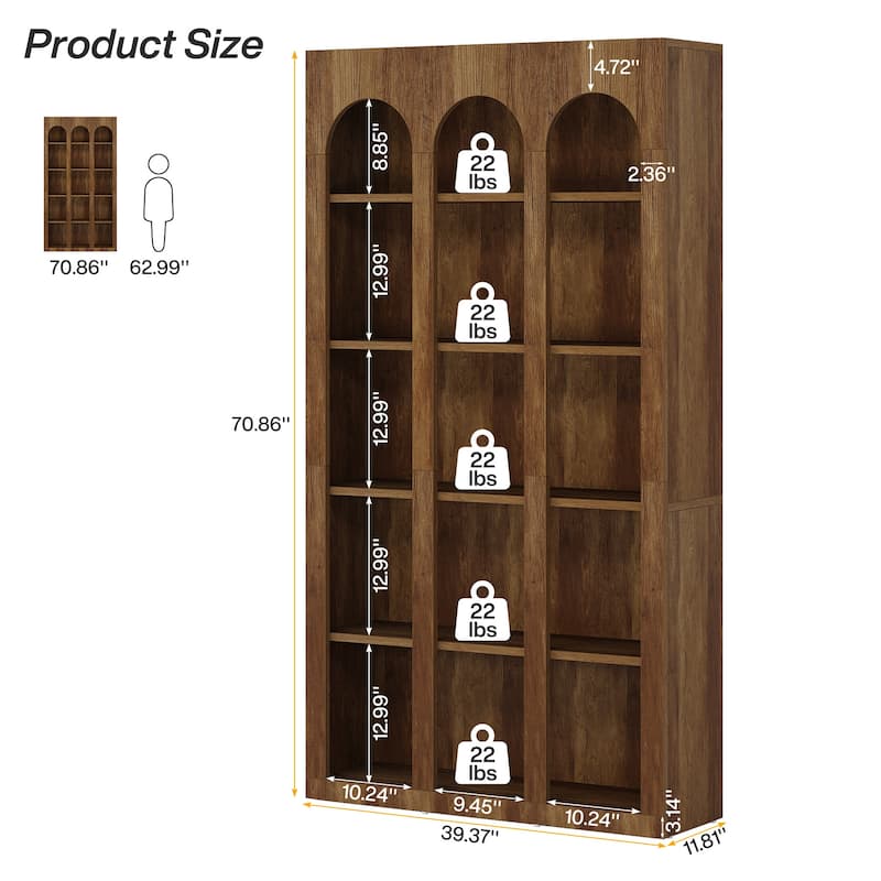 5-Tier Arched Bookshelf, 70.87-Inch Tall Bookcase for Home Office, Living Room - 39.37" W x 11.81" D x 70.87" H