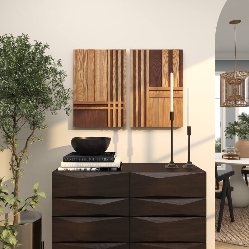 Wooden Geometric Carved Two-Toned Striped Home Wall Decor - Set of 2 Brown - Roche River Decor