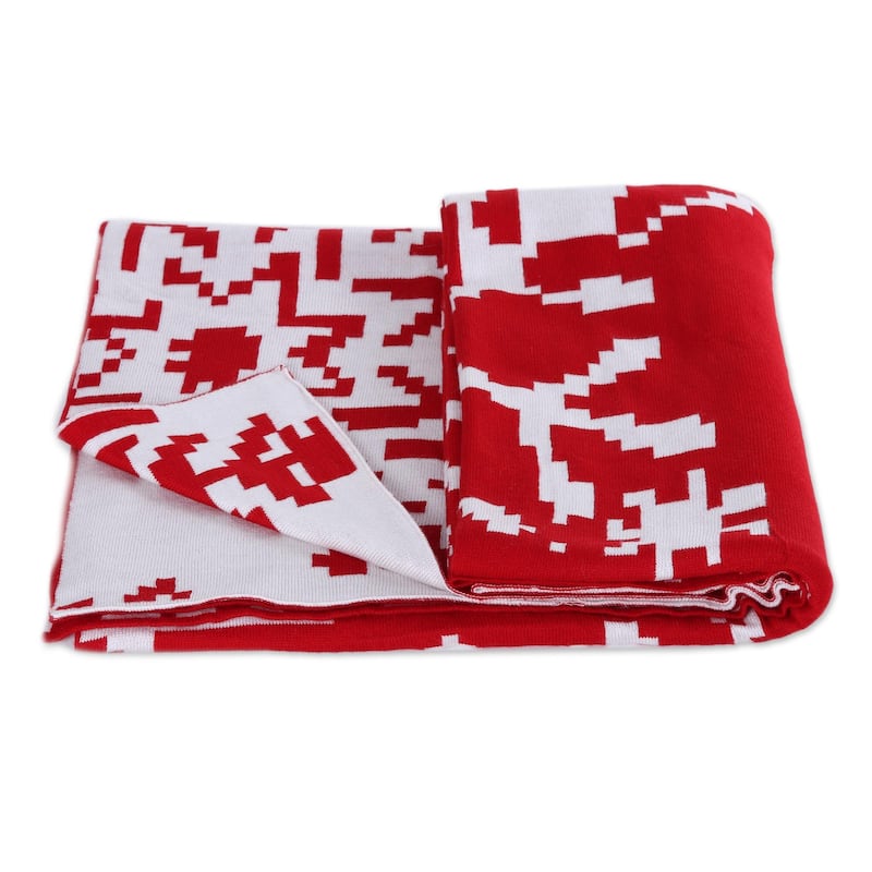Novica Handmade Christmas Fantasy In Poppy Reversible Knit Throw