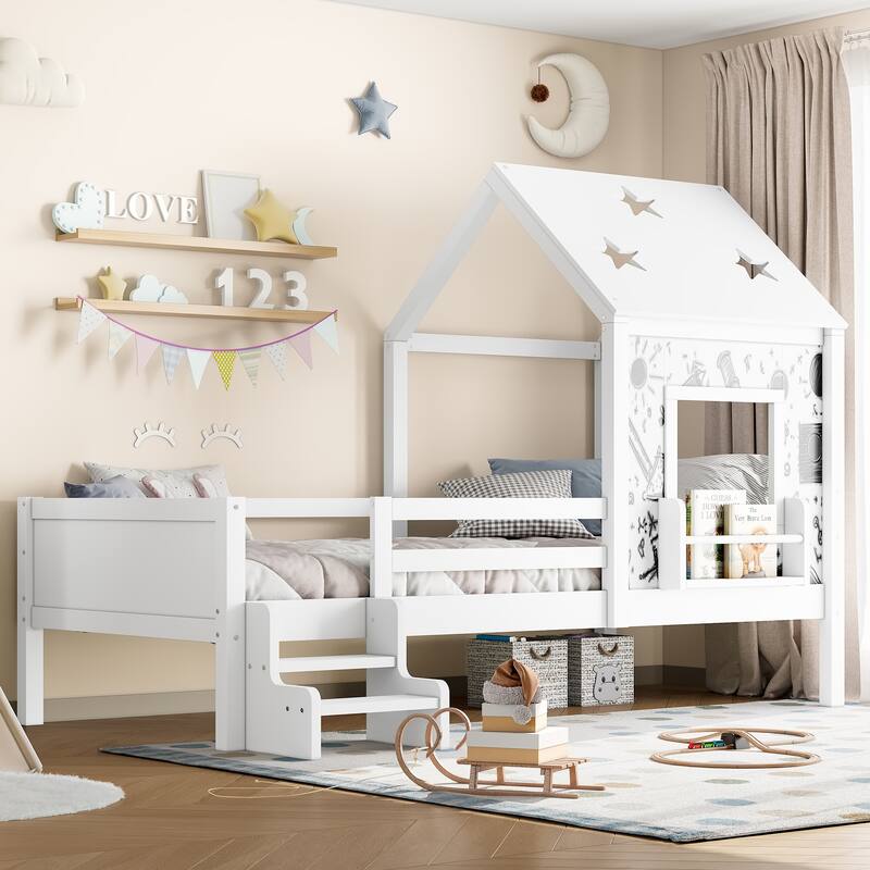 Roomfitters House Floor Bed with Bookcase and Blackboard, Solid Wood Frame with Low Stairs - Light White - Twin