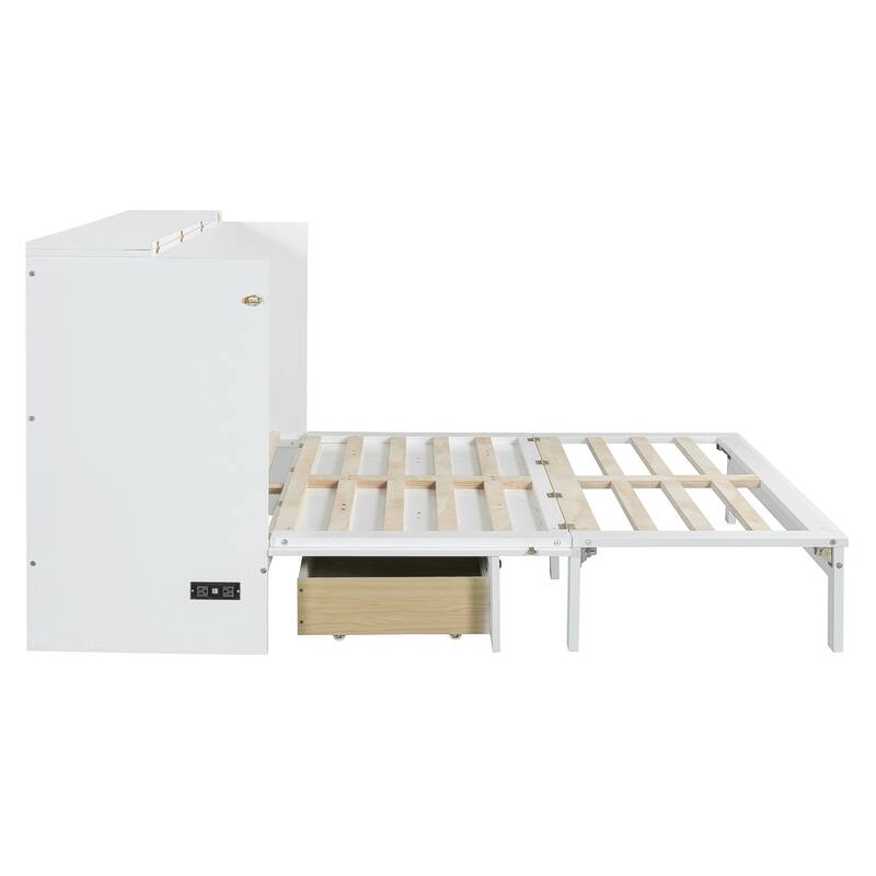 Wood Murphy Bed with Large Drawer and Charging Station, Foldable Cabinet Wall Chest Bed with Rattan Finish, Wood Slats Support