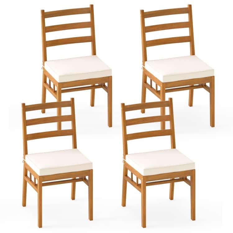 Natural Off-White Acacia Wood Dining Chairs Set of 4 with Cushions - 18” x 21.5” x 34” (L x W x H)