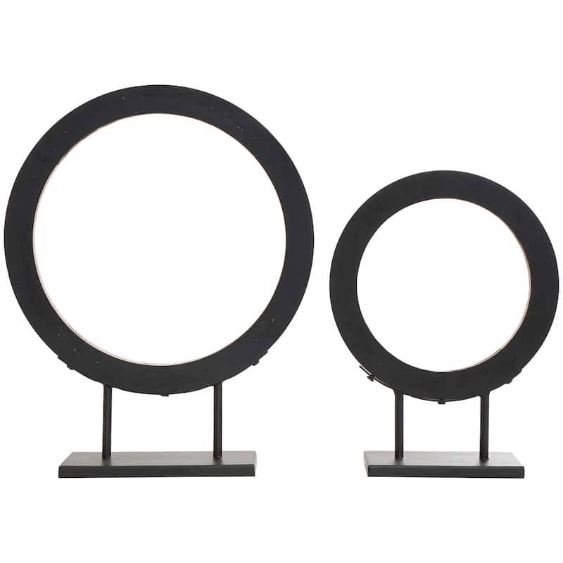 Wood Geometric Circular Ring Sculpture with Black Metal Stands - Set of 2 Brown - Roche River Decor - 4"W x 16"L x 20"H