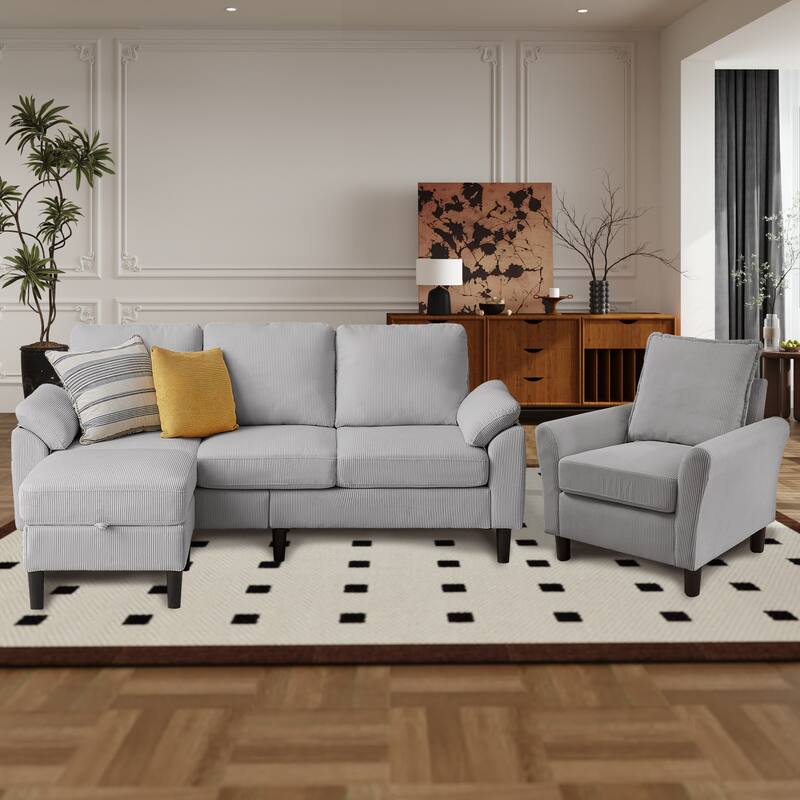 3 Pieces Corduroy Living Room Set with Sectional Sofa, Storage Ottoman and Chair - Light Grey