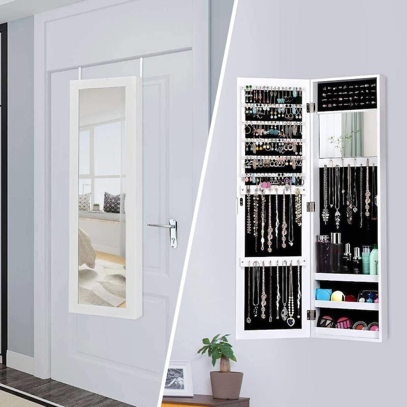 2-in-1 Wall or Door Mounted Jewelry Organizer Full Length Mirror - 3.5"D x 12.5"W x 43.5"H - White