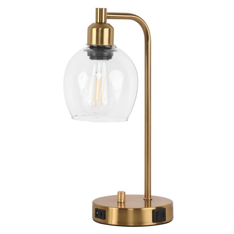 14.5 in. Industrial Table Lamp with Glass Shade with USB Port and Outlet - Gold